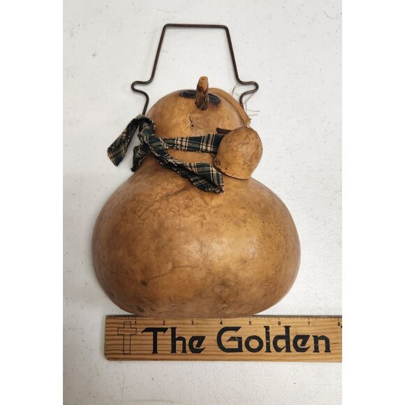 Handcrafted Gourd Snowman With Plaid Scarf & Wire Handle Rustic Winter Decor - Picture 6 of 6